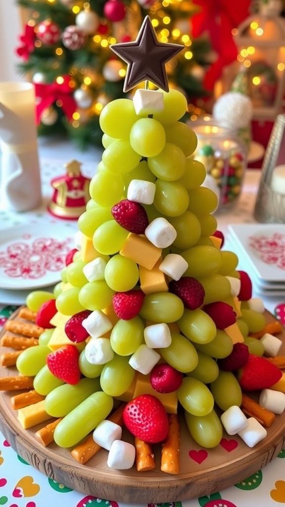 A festive charcuterie board shaped like a Christmas tree, filled with grapes, cheese, pretzels, and colorful fruits.